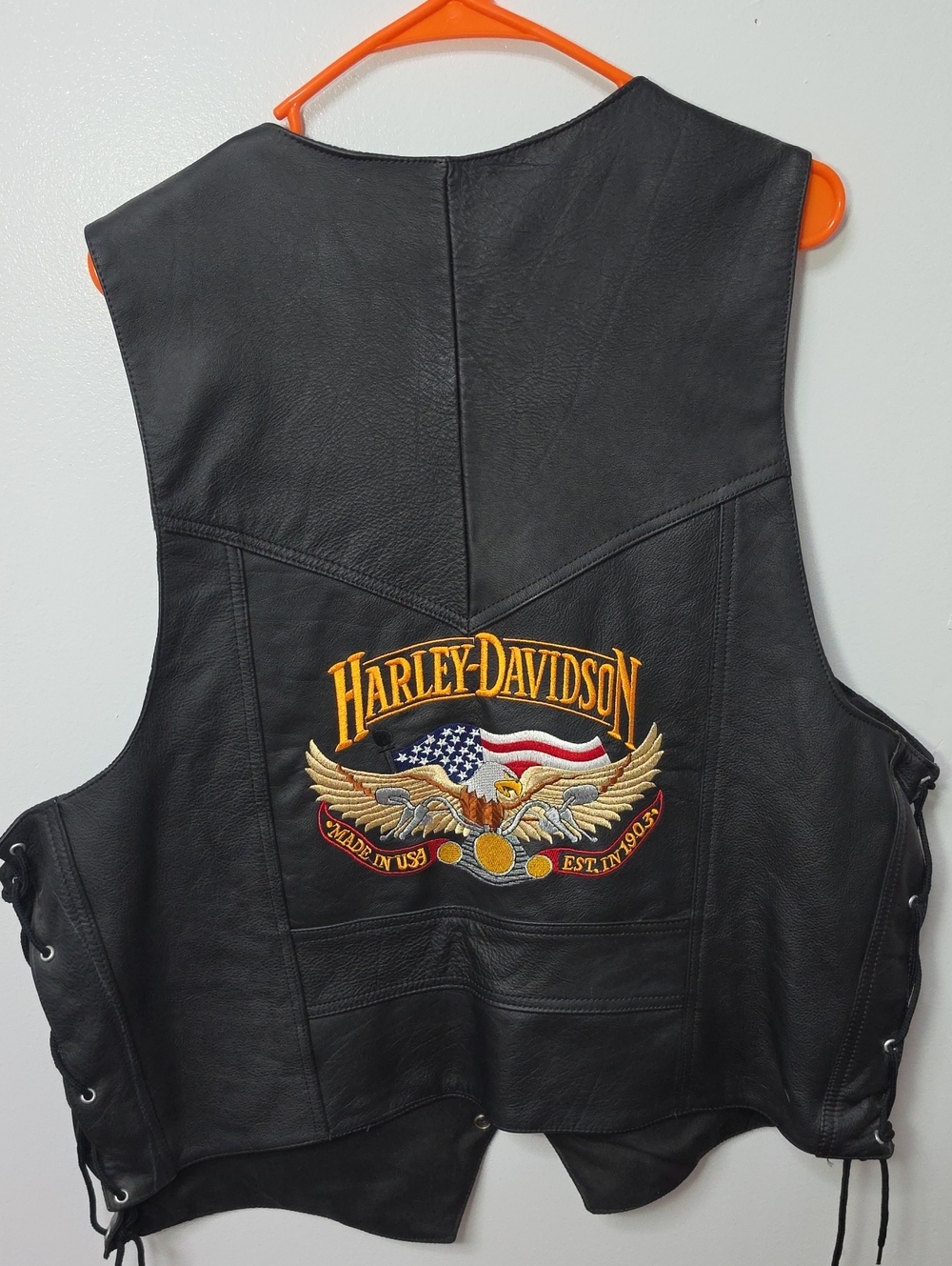 Harley-Davidson Black Leather Vest with Embroidered Eagle and Flag